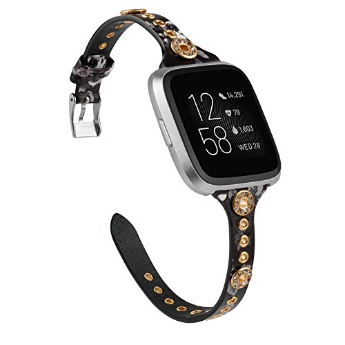 Glebo Stylish Leather Bands Compatible with Fitbit Versa 2/Versa/Versa Lite/Versa SE, Leather Fit Bit Versa Bands Women Wristband Bracelet Straps Bands for Fitbit Versa 2 bands for Women, White Floral