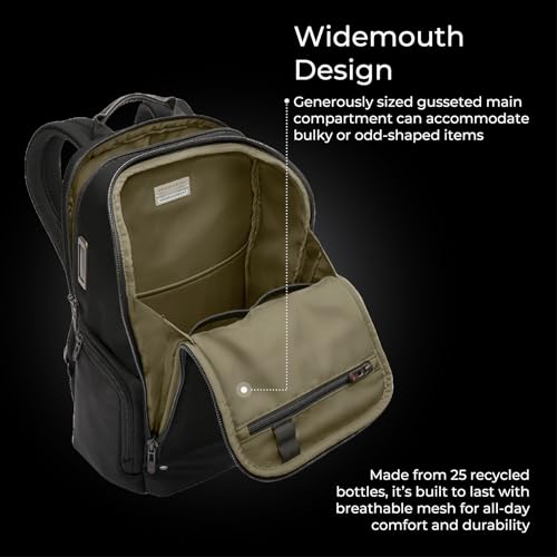 Briggs & Riley Medium Widemouth Backpack - Carry On Travel Backpack for Women & Men, Personal Item Bag, Self-Repairing Zippers, Padded Straps, Fits up to 15.6" Laptop - HTA Collection, Black3