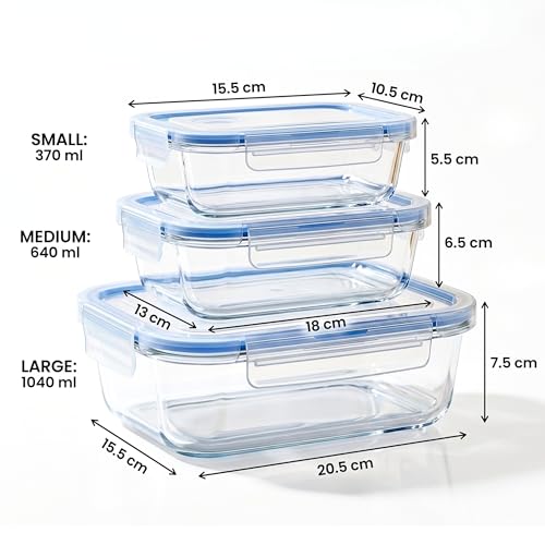 Image of Altitude Borosilicate Glass Lunch Box Set with Bag & Jar, Set of 3 Leakproof Airtight Glass Food Storage Containers 370ml 640ml 1040ml, Microwave Oven Freezer Dishwasher Safe Tiffin Box
