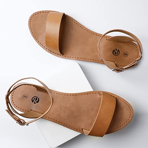 Rekayla Flat Faux Leather Ankle Strap and Adjustable Buckle Sandals for Women brown 07 - Thumbnail 2