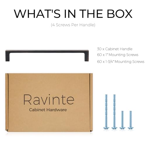 Image of Ravinte Oil Rubbed Bronze Cabinet Handles Kitchen Pulls 7-1 /2 Inch 30 Pack | Square Design, Solid Zinc, Modern Slim Style, Screws Included, Easy Installation, for Kitchen Drawers & Cupboards