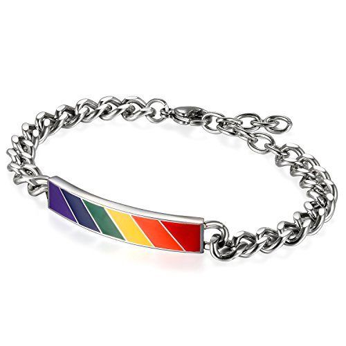 Flongo Partner Armband, Edelstahl Armband Armreifen Armkette Silber Mehrfarbig Regenbogen Streifen Gay Pride Schwul Homosexual Homosexuell Panzerkette Kette Partnerarmbänder Damen