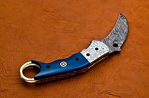 8.5" Handmade Damascus Folding Pocket Knife Karambit Knife Hunting Knife Handle Camel Bone Handmade Damascus Steel With Leather Sheath B50 #TOP5