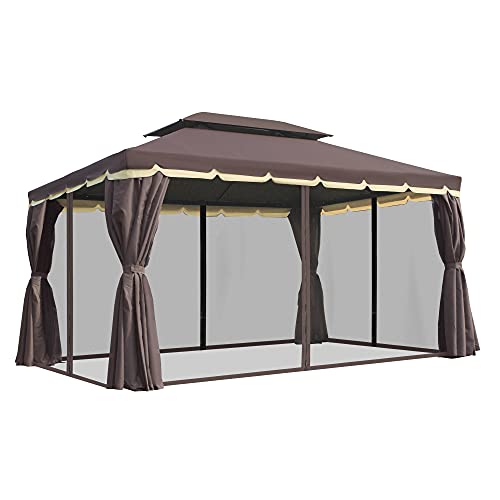 Outsunny 10′ x 13′ Patio Gazebo, Outdoor Gazebo Canopy Shelter with Netting and Curtains, Aluminum Frame for Garden, Lawn, Backyard and Deck, Coffee