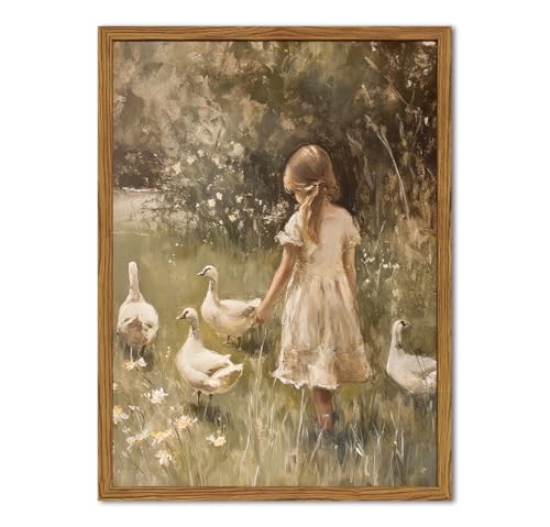Framed Vintage Wall Art, Rustic Cute Girl with Duck Pictures