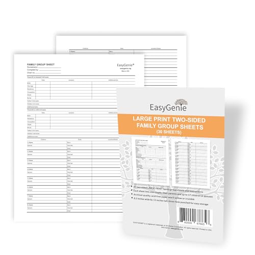 LARGE PRINT Two-Sided Family Group Sheets (30 Sheets) by EasyGenie | Archival-Quality Blank Genealogy Forms To Fill In