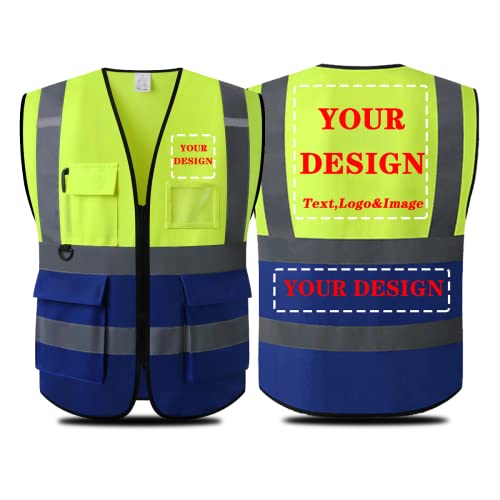 Shmimy ustom Logo Safety Vest, Class 2 Personalized Reflective Vest with 5 Pockets (Yellowblue, M)
