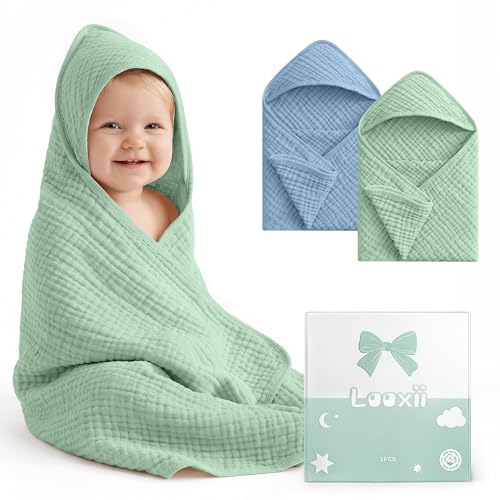 Image of Looxii Baby Bath Towels 2 Pack Muslin Hooded Baby Towels for Newborn and Infants, 100% Cotton, Large 32x32Inch, Soft and Absorbent Blue+Green