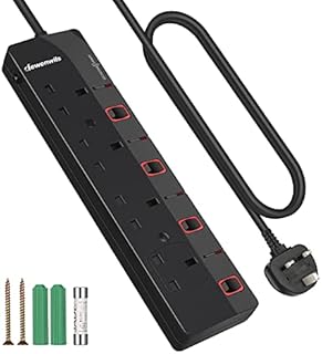 DEWENWILS 4 Way Extension Lead 3M with Individual Switches, Surge Protected Extension Cable with Indicator Lights, 13Amp 4 Gang Power Strip, Wall Mountable, Black