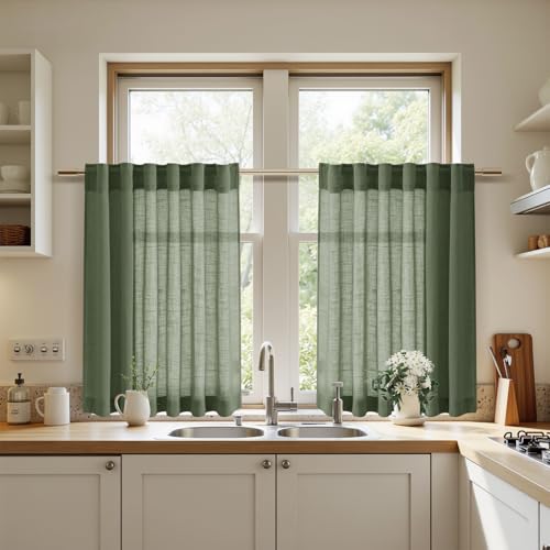 Image of Nanspring Linen Kitchen Curtains 30 Inches Long 2 Panels Olive Green Semi Sheer Short Curtain Back Tab Rod Pocket Solid Privacy Cafe Tier Curtains for Cafe Bathroom Basement 36x30