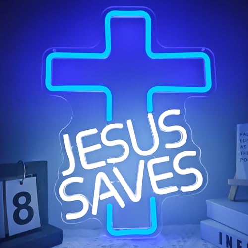 JanHune Cross Neon Signs Jesus Saves LED Signs for Wall Decor Dimmable Jesus Neon Lights Signs for Bedroom Living Room Christian Church Events Birthday Christmas Decor Gifts