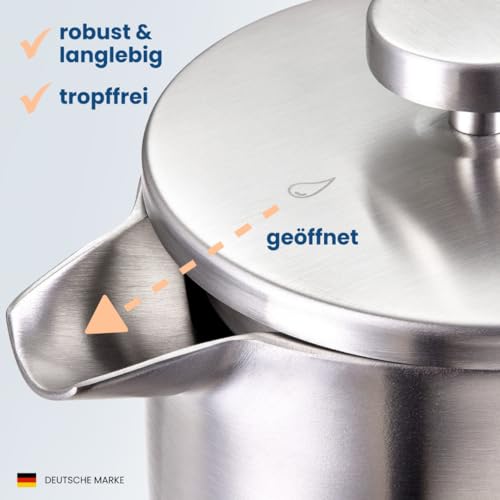 KIMIJO French Press Edelstahl 1000ml I Thermo Kaffeebereiter isoliert I Doppelwandig incl. 3 Ersatzfilter & Korkuntersetzer I Spülmaschinenfest I Stempelkanne matt gebürstet 5