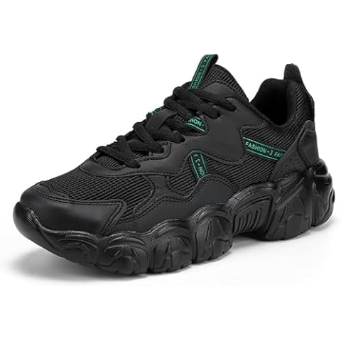 WELRUNG Women's Fashion Thick Sole Mesh Sneakers Road Running Walking Shoes Size 7 Black Cover
