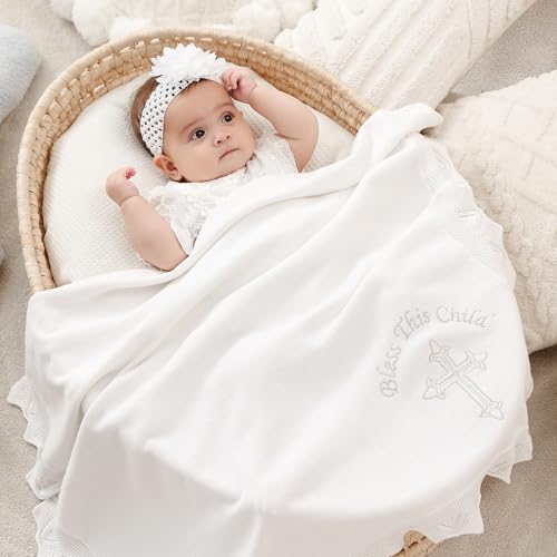 Baby Baptism Blanket – White Cotton Knit Christening Shawl with Embroidered Cross, Unisex Receiving Swaddle for Boys & Girls, 40x31 Inches, Soft Newborn Gift with Premium Gift Box2