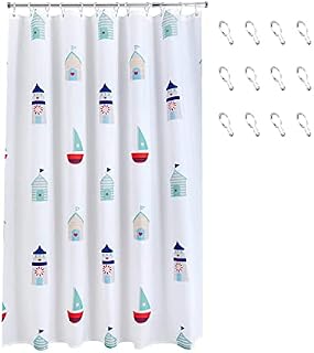 AQUALONA Beach Huts Shower Curtain - Polyester with a Water-repellent Coating, Lustre Finish and Rustproof Chrome Eyelets with 12 FREE HOOKS INCLUDED - Mildew Resistant and Weighted Hem, 180 x 180 cm