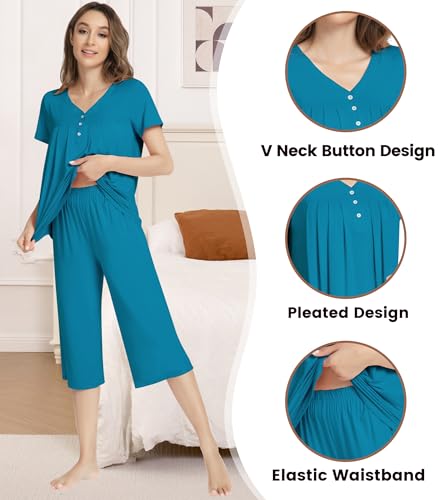 Image of NACHILA Bamboo Viscose Pajamas for Women Lace V Neck Capri Pants Pjs Set