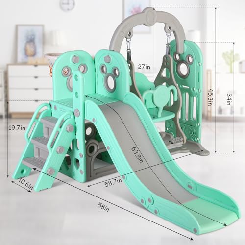 MAMIZO 5 in 1 Toddlers Slide and Swing Set, Kids Slides w/Climber, Storage, Basketball Hoop, Ball, Suction Cup Reinforced, Indoor Outdoor Playground Swing Slide Set (Green)