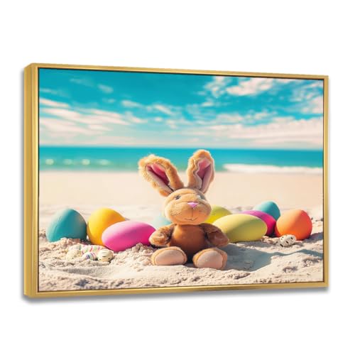 Coastal Easter Decor Framed Canvas Print Beach Bunny with Pastel Eggs on Sand Spring Canvas Wall Art for Nursery Kids Room Playroom Bathroom Living Room Entryway Beach House(16"X24"Gold-Frame)