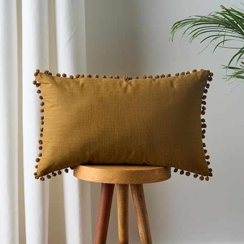 Image of 100% Cotton Pom Pom Cushion Without Filler, Elegant & Modern Cushion Cover for Living Room, Rectangle, 12 inchx20 inch, uni slub, Set of 5 - Bronze