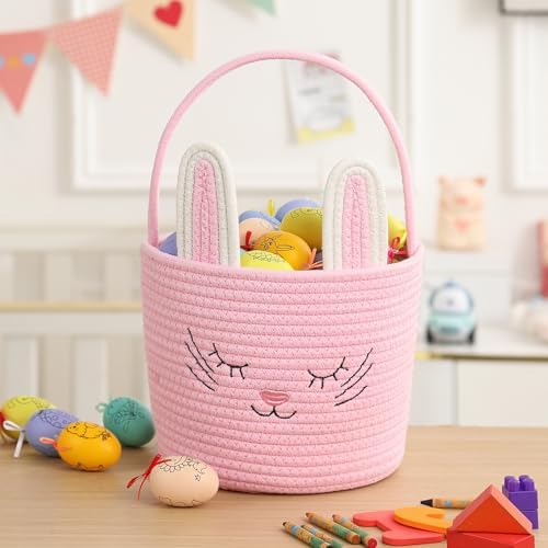 Easter Basket with Handle Woven Baby Gifts Empty Bunny Basket For Girls Boys Kids Gift Baby Shower Wedding Flower (Pink)