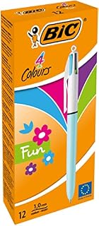 BIC 4 Colours Fun Retractable Ballpoint Pens - Box of 12 with Light Blue Pastel Barrel and Medium Point (1.0 mm)