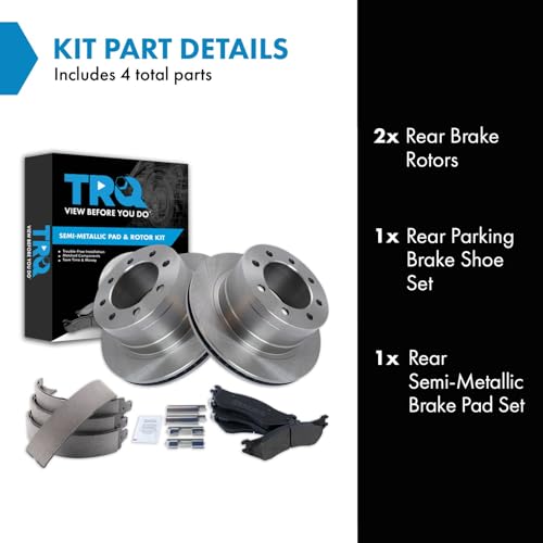 Image of TRQ Rear Brake Pad & Rotor Kit Parking Brake Shoe Set Semi-Metallic Compatible with 2007-2008 Dodge Ram 1500 2006-2008 Ram 2500, 3500