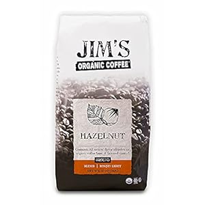 Jim’s Organic Coffee – Hazelnut, All Natural Flavored Blend – Light Roast, Ground Coffee, 12 oz Bag