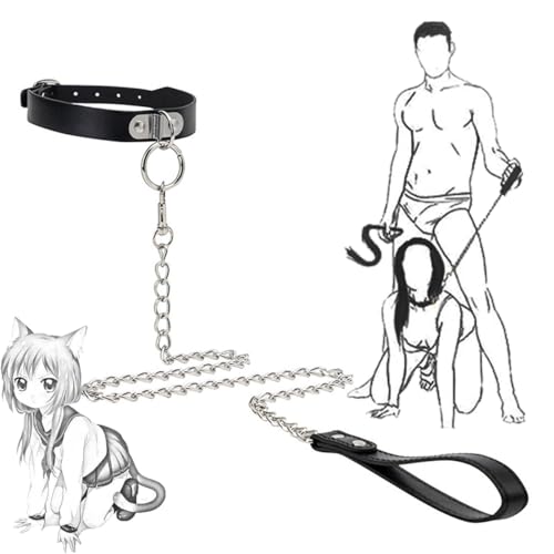 KaMieeg Collier À Virole En Chaîne En Cuir Noir Avec Laisse Amovible En Acier Inoxydable - K9