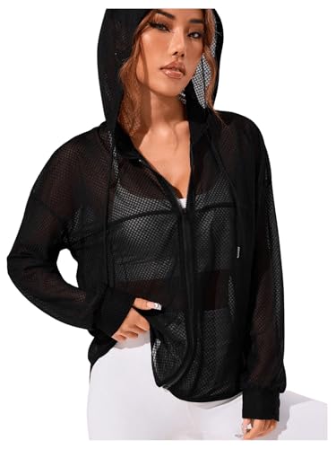 SweatyRocks Jaqueta feminina com capuz de malha transparente com capuz e zíper, Preto, M