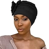 Bohend Women Turban Flower Headband Elastic Cap Pre-Tied Scarf Bonnet Beanie Headwrap Hats (Black)