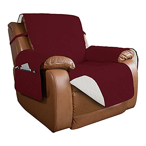 Image of PureFit Reversible Quilted Sofa Cover, Water Resistant Slipcover Furniture Protector, Washable Couch Cover with Non Slip and Elastic Straps for Kids, Dogs, Pets (Oversized Recliner, Red /Ivory)