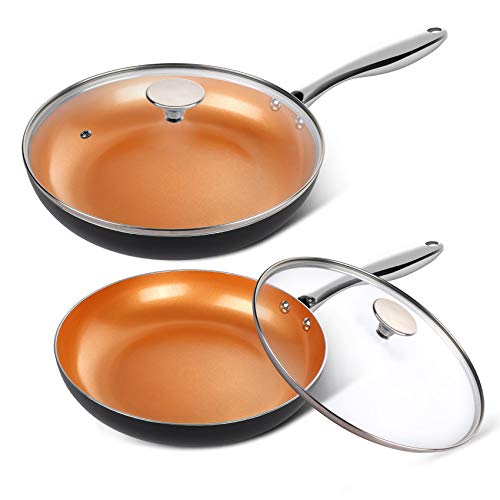 MICHELANGELO Copper Frying Pan Set with Lid, 8" & 10" Nonstick Skillets with Lids, Non Stick Frying Pans Set, Ceramic Non Toxic Fry Pans, Induction Compatible by MICHELANGELO - Used condition - US$41.26