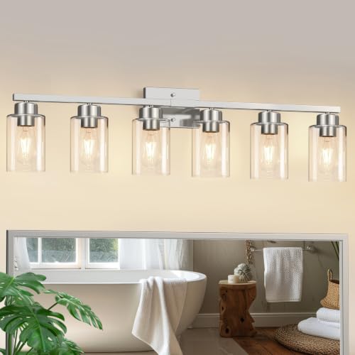 IZORRO Bathroom Light Fixtures, Modern Vanity Lights, Bathroom Lighting Fixtures Over Mirror with Clear Glass Shade, Wall Sconce for Living Room Cabinet Bedroom (Brushed Nickel, 6-Light)