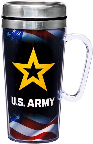 Spoontiques Insulated Travel Mug, 14oz - Double Wall Stainless & Acrylic Drink Cup with Twist Top Lid & Handle - US Army