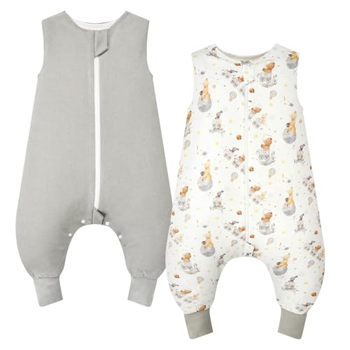 WYTbaby 2 pacotes saco de dormir com pés 1,0 Tog 100% algodão saco de dormir bebé para meninos e meninas, fantasia urso cinzento