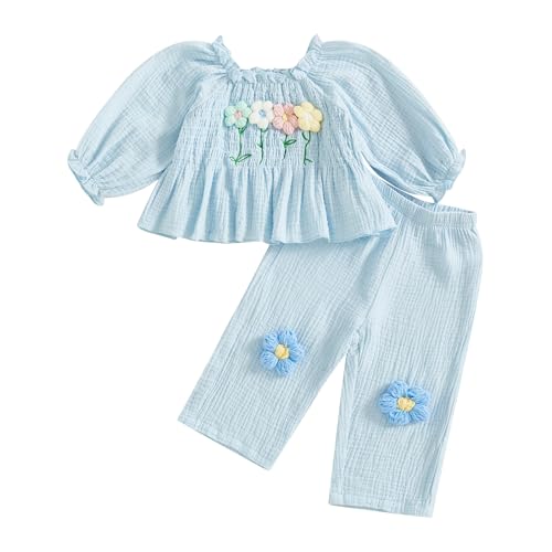 Amnnchya Toddler Baby Girl Outfits Infant Puff Sleeve Smocked Floral Tops Pants Cute Kids Girls Fall...