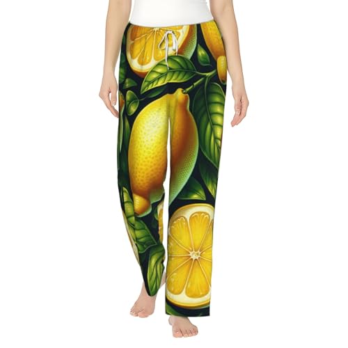 Pantalon de pyjama en polaire femme à motif citrons et feuilles vertes pour l'hiver