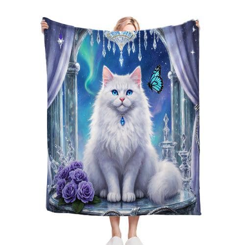 Plaid polaire 200x220 couverture microfibre respirante chat blanc hiver