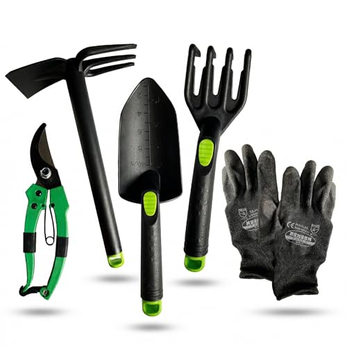 Kit 5 Herramientas de jardinería Resistente de Fibra de Vidrio Ideal para jardín, huerto Urbano o terraza | Kit jardineria Completo Que Incluye: Pala, Rastrillo, Azada, Tijeras de Podar y Guantes.