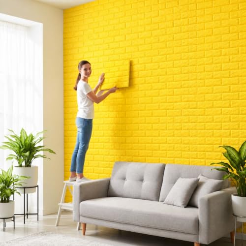 Image of VEXIO 3D Brick Wallpaper PE Foam Self Adhesive Wall Stickers, Yellow