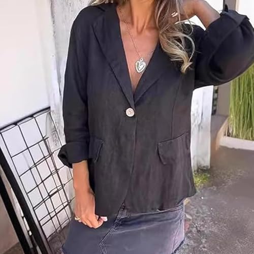 Cotton and Linen Casual Lapel Single-Button Thin Coat, 3/4 Sleeve Linen Blazer Women2
