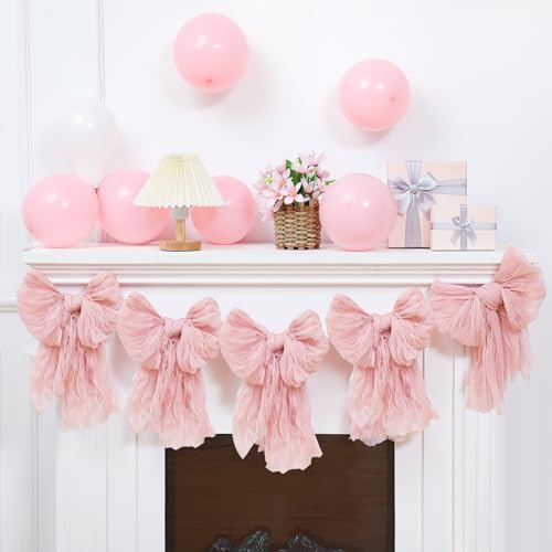 Image of VitalCozy Pink Bow Garland Banner for Coquette Birthday Pink Bow Party Hanging Swirls Decorations for Baby Shower Bridal Shower Bachelorette Party Decor