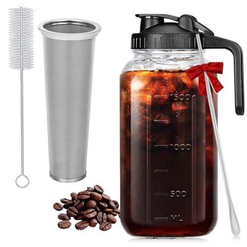 Image of Supvox 64Oz Cold Blew Glass Kettle Coffee Maker Leaking Proof Lid Design with Handle & Nozzle Cool Water Bottle Iced Coffee Pitcher with Stainless Steel Cone Filter & Cleaning Brush