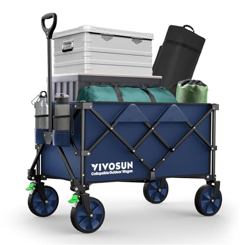 VIVOSUN 200L XXL Bollerwagen Faltbar mit Bremsen, 136kg Tragkraft, Klappbarer Handwagen mit 360°drehbare Räder für alle Gelände, Gartenwagen für Camping, Garten, Sport, Picknick, Einkaufen, Blau