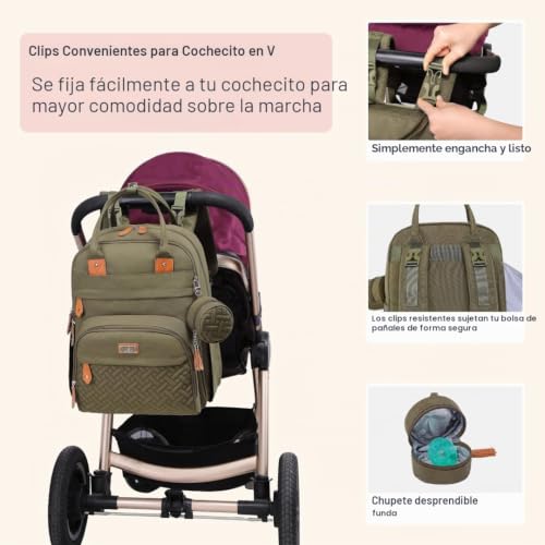 Miniatura 6 de Babbleroo Mochilas De Pañales Para Bebé, Gran Capacidad Mochila De Cambio Bolsa Para Pañales Con Cambiador Y Porta Chupones Para Mamá Y Papá Verde Militar