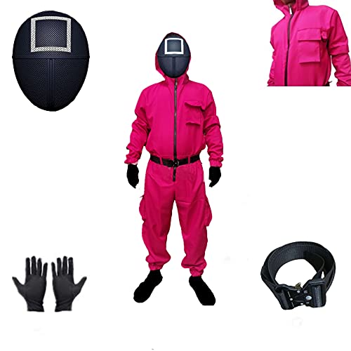 Squid TV 2021 Cosplay Costume,4Pcs Squid Man Costume Set,Squid Masked Man Cosplay Suit,Suit+Belt+Gloves+Mask (Red Square, S)