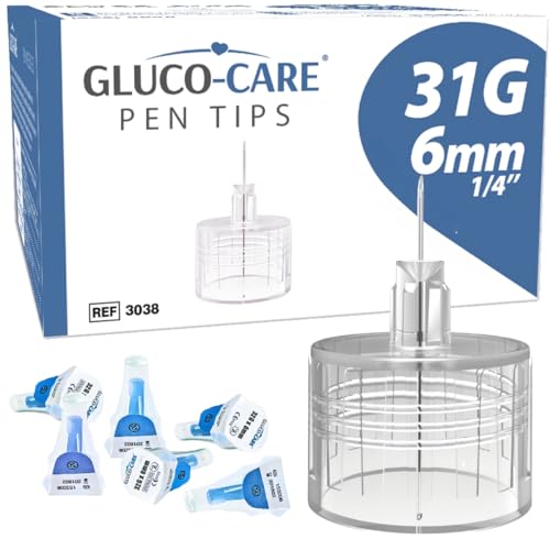 GLUCO-CARE Pen Tips 31G x 6mm (1/4) Universal Twist-On Connection Thin Tip Design 100/bx Comfort