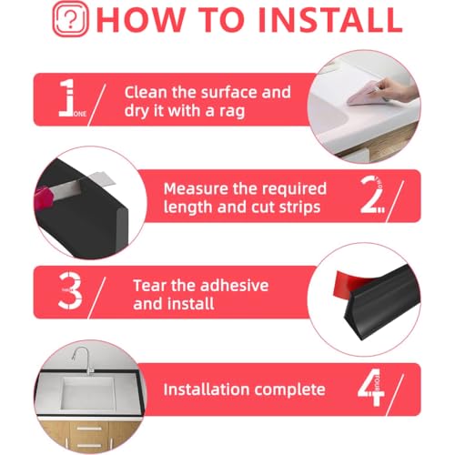 Image of HASTHIP 39Inch /1m Water Stopper with Glue - Sink Splash Guard in Kitchen Water Dam Barrier Strip Shower Silicone Bendable Water Stopper for Kitchen Sink, Black