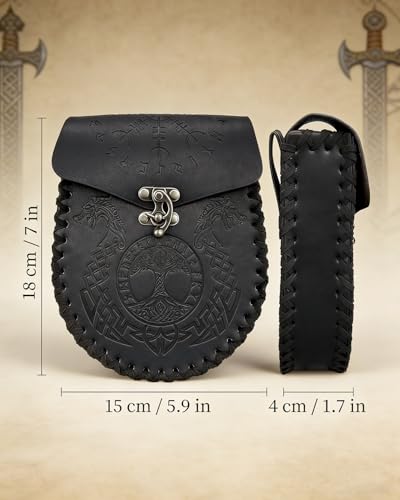 Image of Leather Belt Pouch Medieval Vintage Renaissance Viking LARP Cosplay Costumes Drawstring Coin Purse Phone Holder Waist Bag (Z-Dragon-Black)