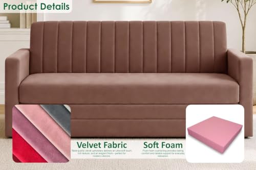 Image of Modern Three Seater Sofa Cum Bed with Armrest, Velvet Fabric Sofa for Living Room, Space Saving Foldable Sleeper Sofa - Brown